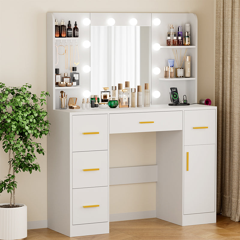 Modern wooden bedroom dressing table with LED light mirror and storage (white)
