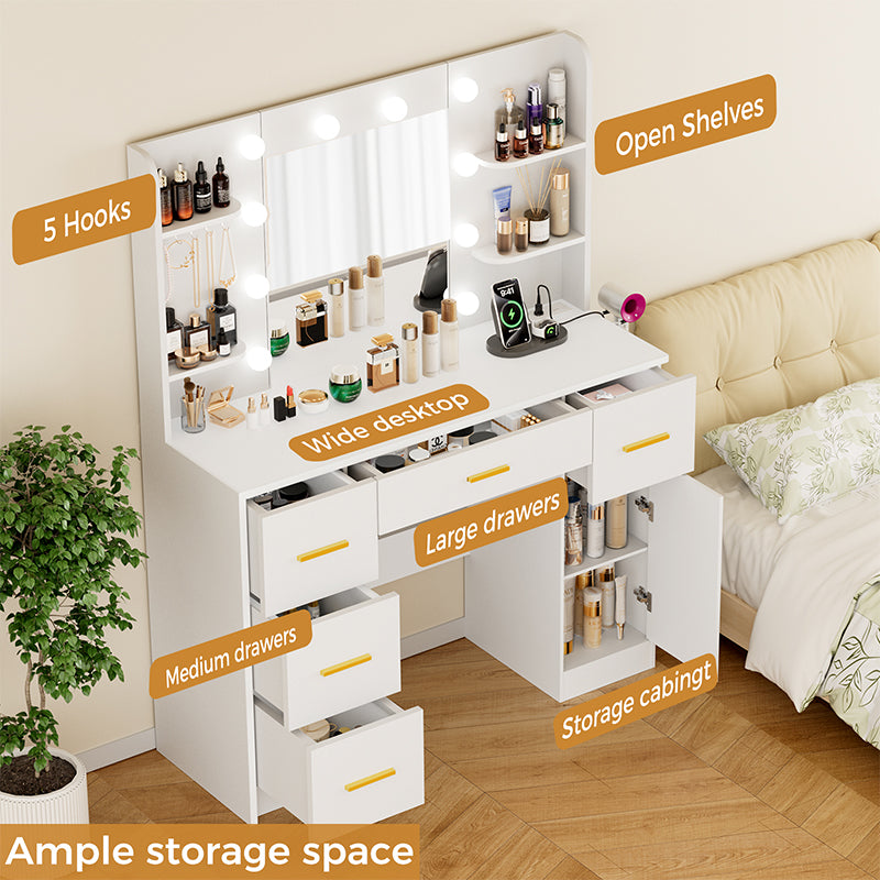 Modern wooden bedroom dressing table with LED light mirror and storage (white)