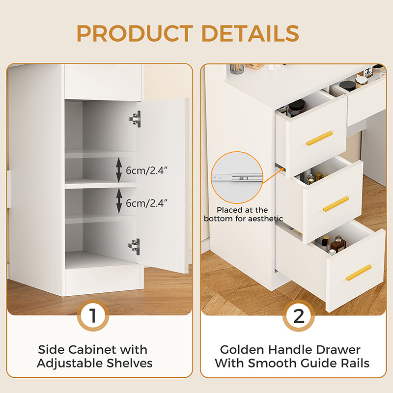 Modern wooden bedroom dressing table with LED light mirror and storage (white)