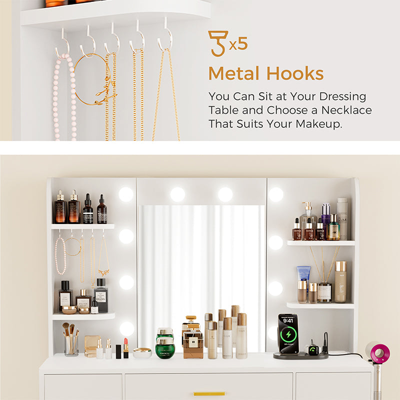 Modern wooden bedroom dressing table with LED light mirror and storage (white)