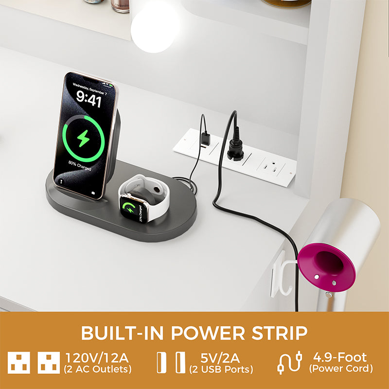 Modern wooden bedroom dressing table with LED light mirror and storage (white)