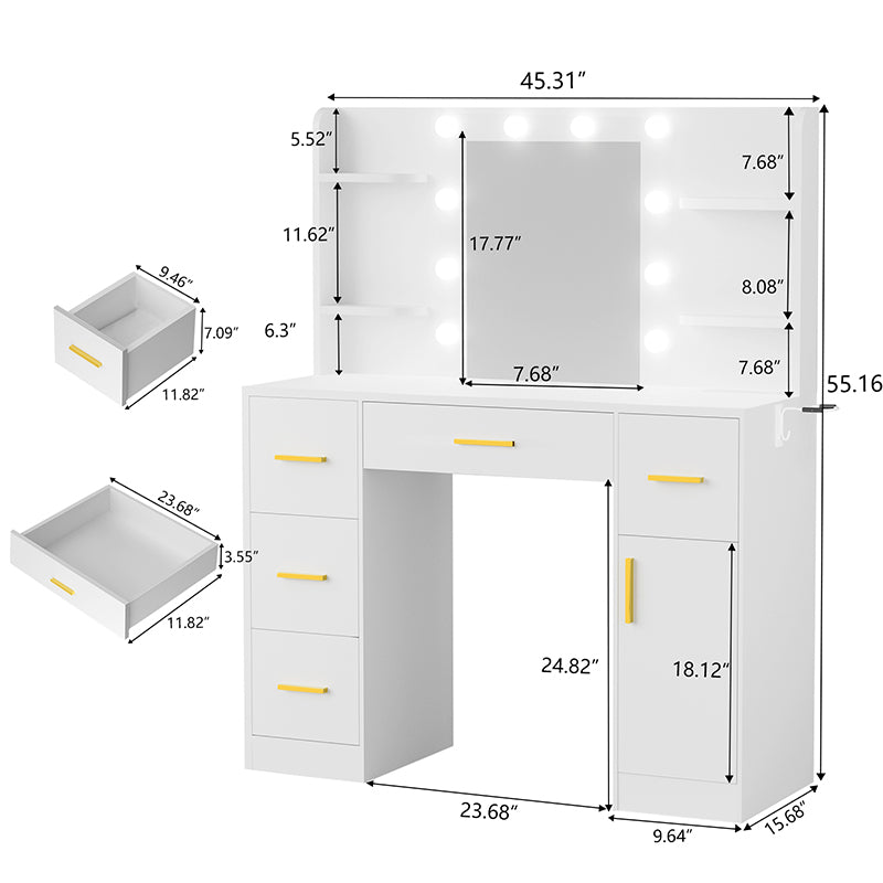 Modern wooden bedroom dressing table with LED light mirror and storage (white)